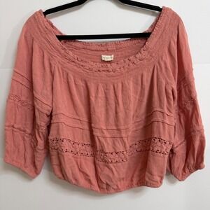 Aeropostale Women Peach Off Shoulder Smocked Lace Trim Cropped Boho Blouse Top L